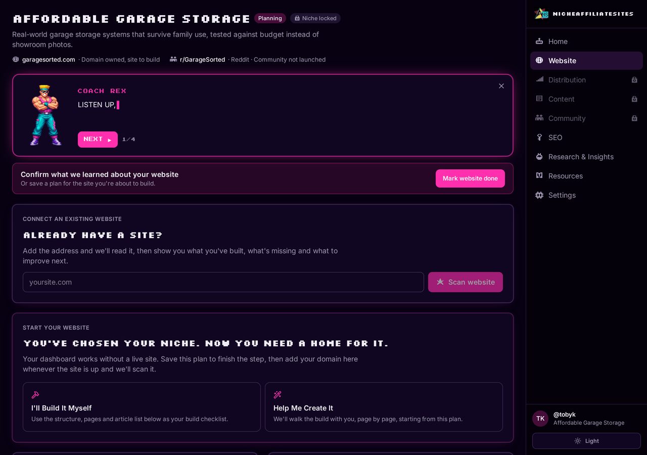 The website tab showing a niche, its domain and the site scan options